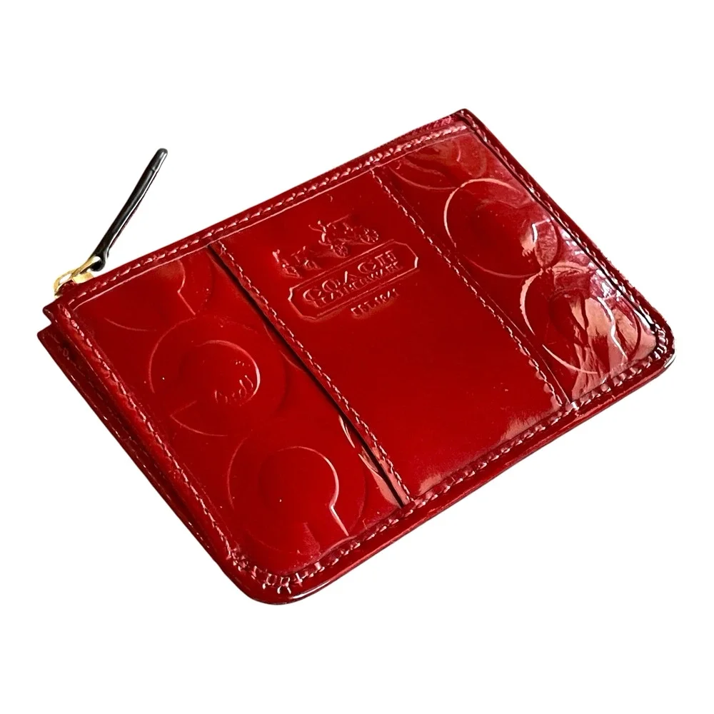 COACH Embossed C Red Patent Leather Gold Key Ring Small Skinny Card Case Top Zip